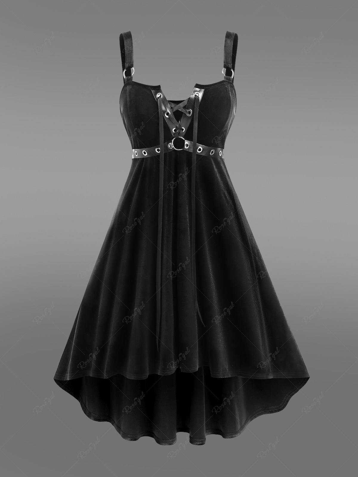 Gothic Lace Up Grommets High Low Velvet Midi Dress Rgothic