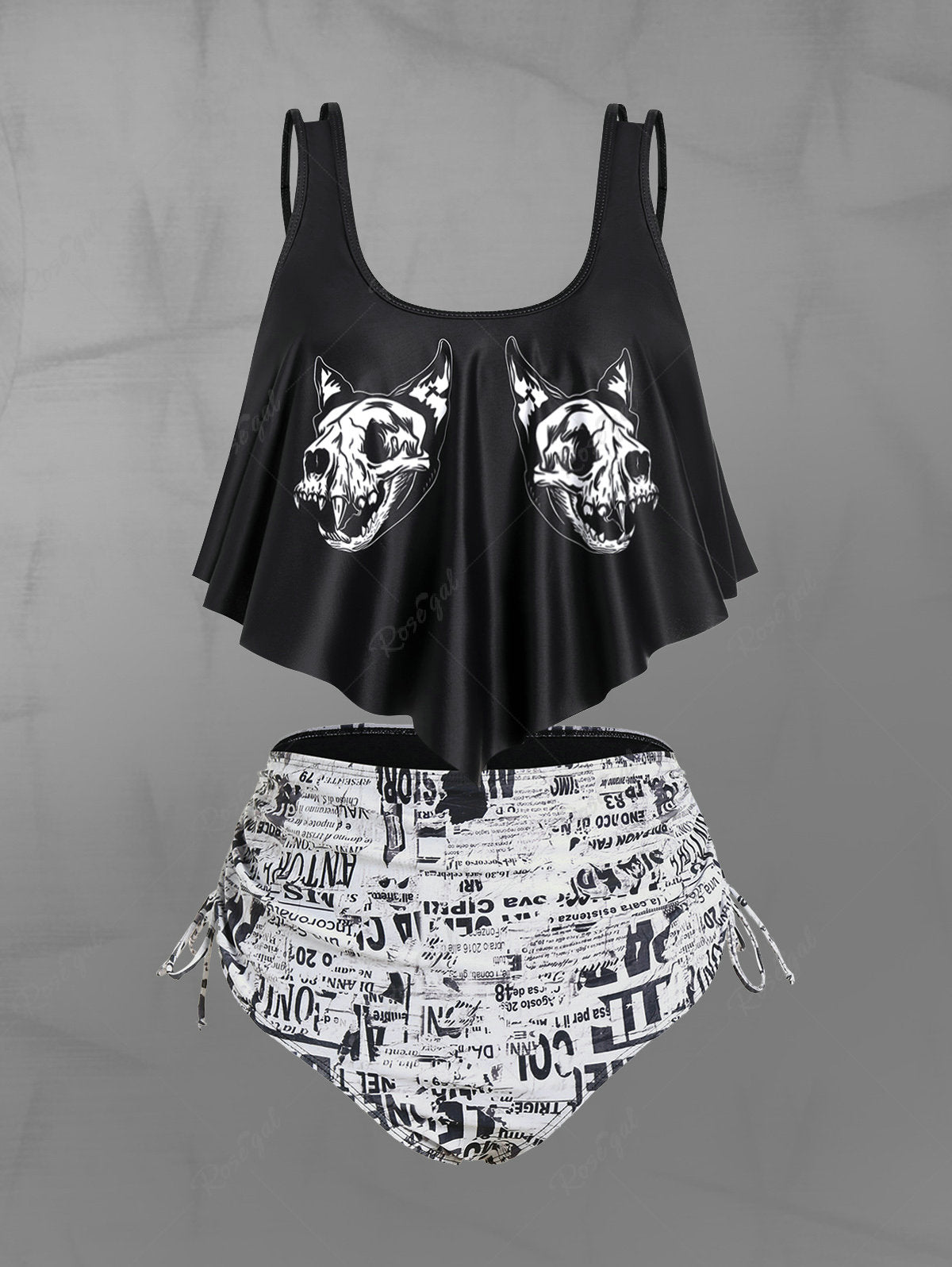 Gothic Dog Head Newspaper Print Cinched Ruched Tankini Swimwear Rgothic