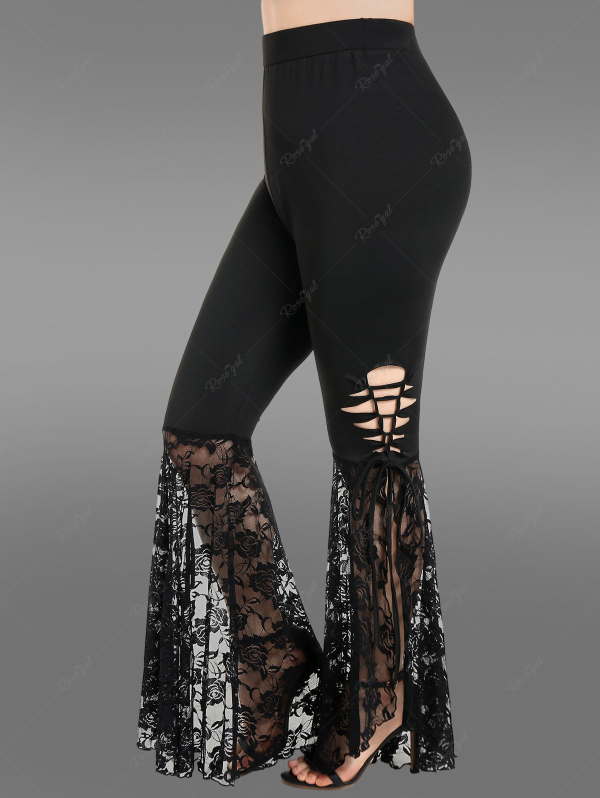 Gothic Lace-up Cutout Lace Panel Slit Pull On Flare Pants – Rgothic