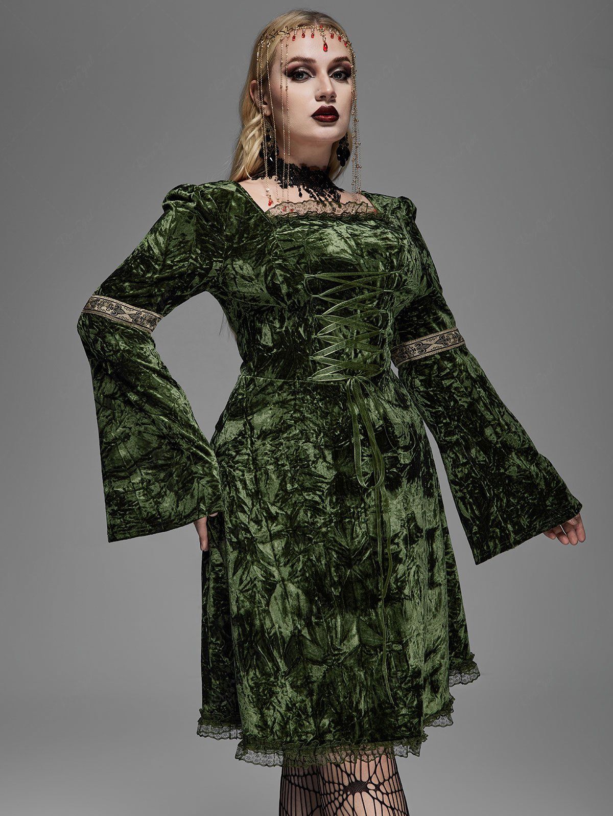 green gothic dress Gothic Plus Size Christmas Lace Trim Lace-up Bell Sleeves Velvet Dress – Rgothic