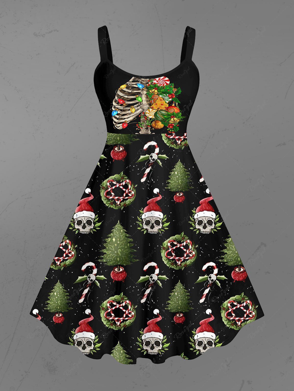 christmas skull dress Plus Size Christmas Hat Snowflake Stars Skull Print A Line Dress