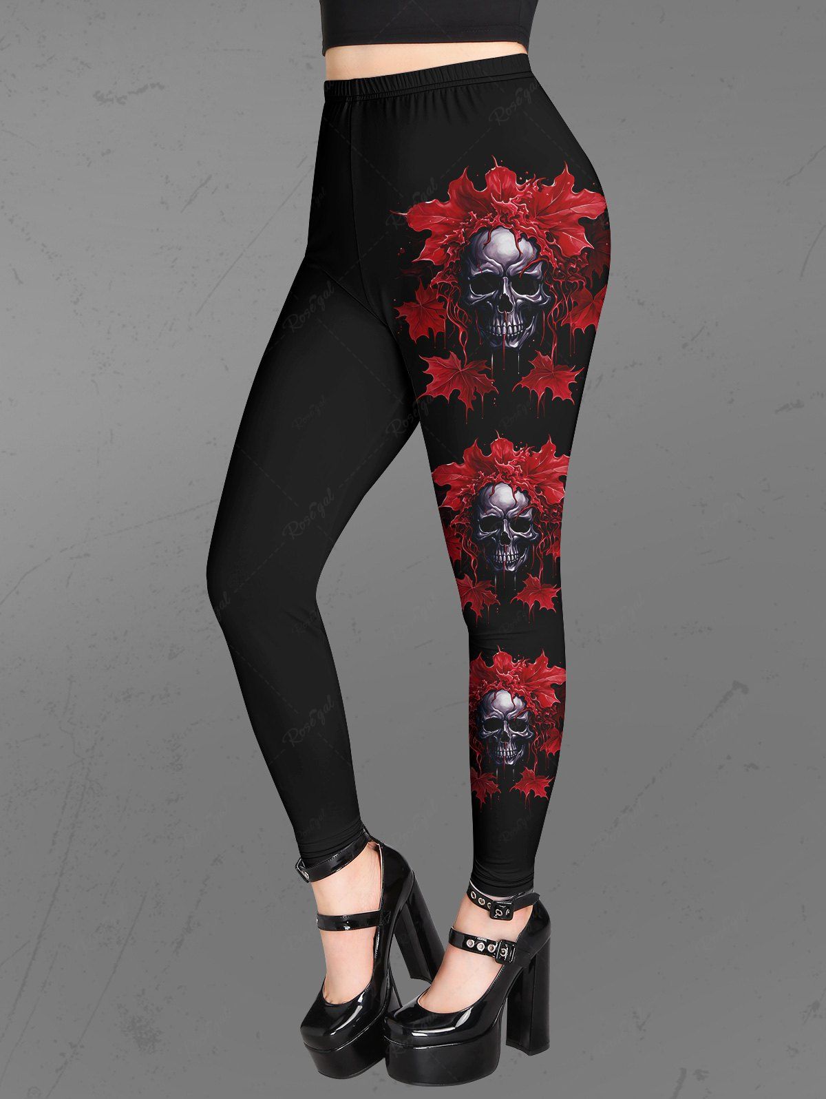 Gothic 3D Skulls Bloody Maple Leaf Side Print Halloween Skinny Legging –  Rgothic