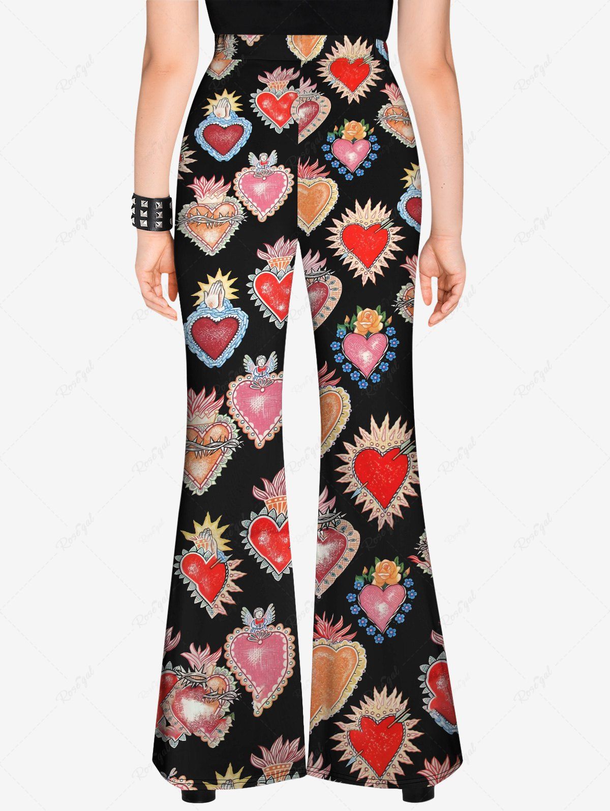 Gothic Valentine's Day Colorful Heart Rose Flower Print Pull On Flare Pants