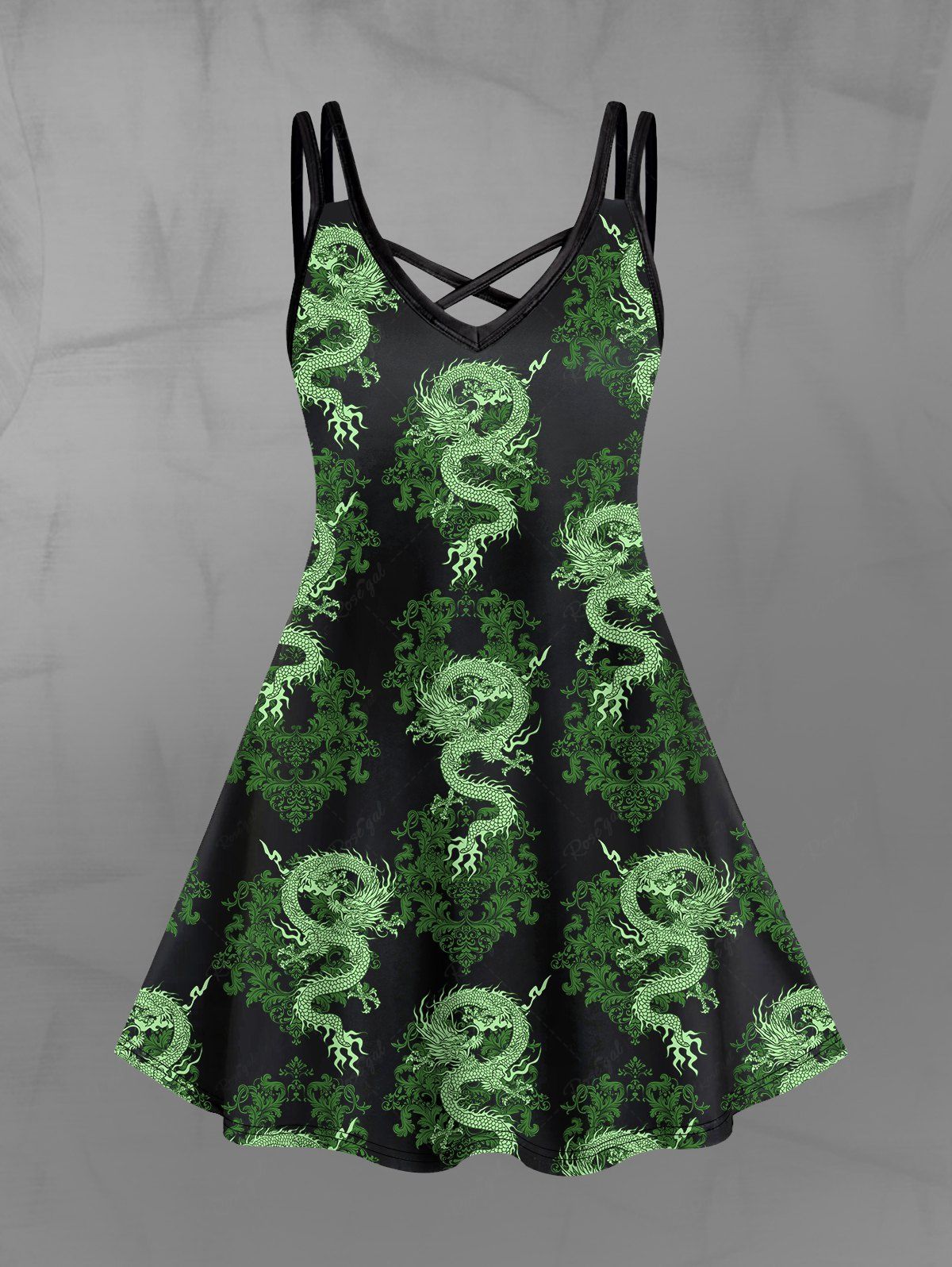 Gothic Plus Size Dragon Vintage Floral Print Crisscross A Line Cami Dress Green / 3X Plus Size Gothic Plus Size Dragon Vintage Floral Print Crisscross A Line Cami Dress Green / 3X Plus Size