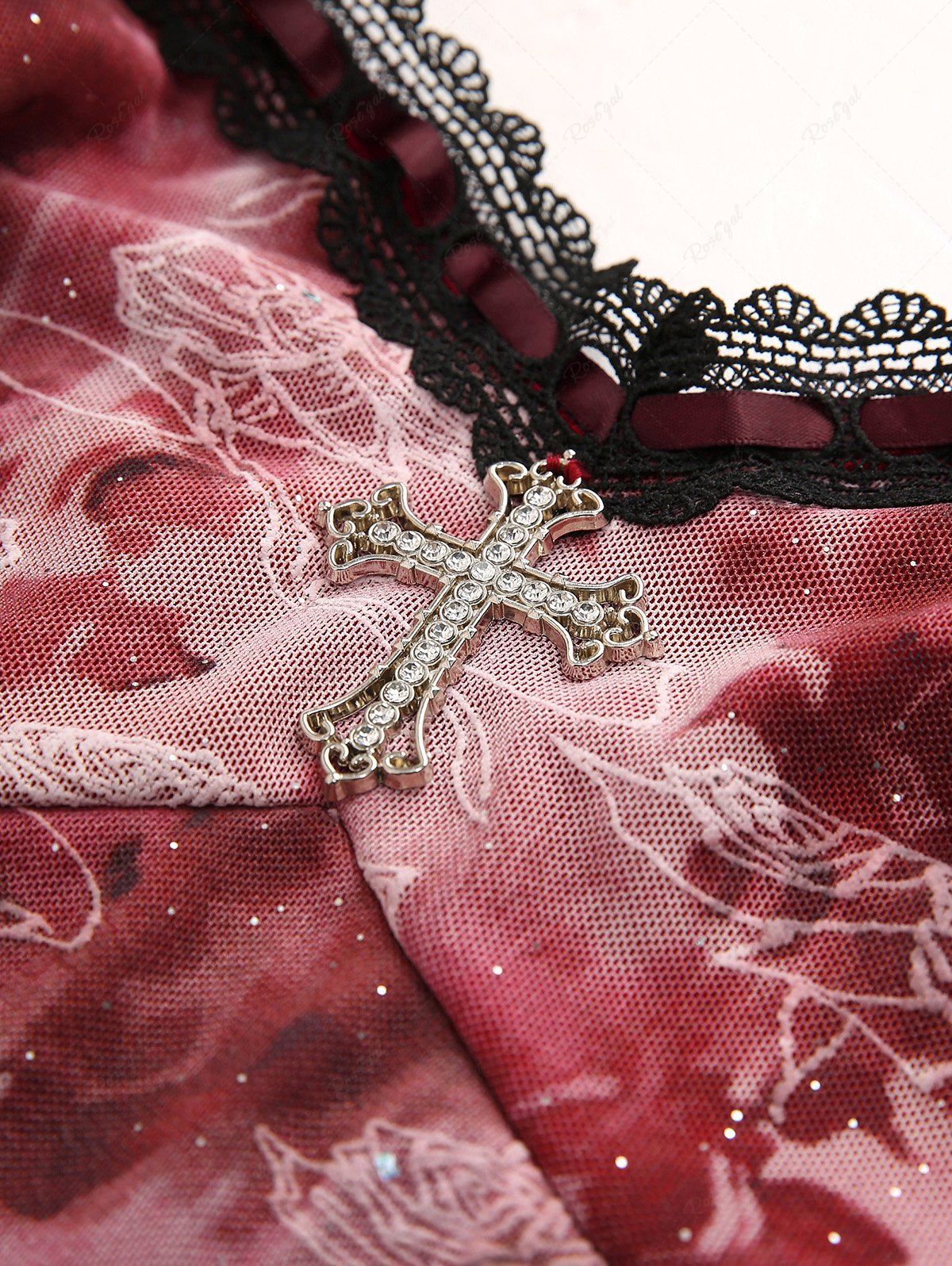 Gothic Tie Dye Rose Flower Print Lace Trim Lace-up Cross Corset