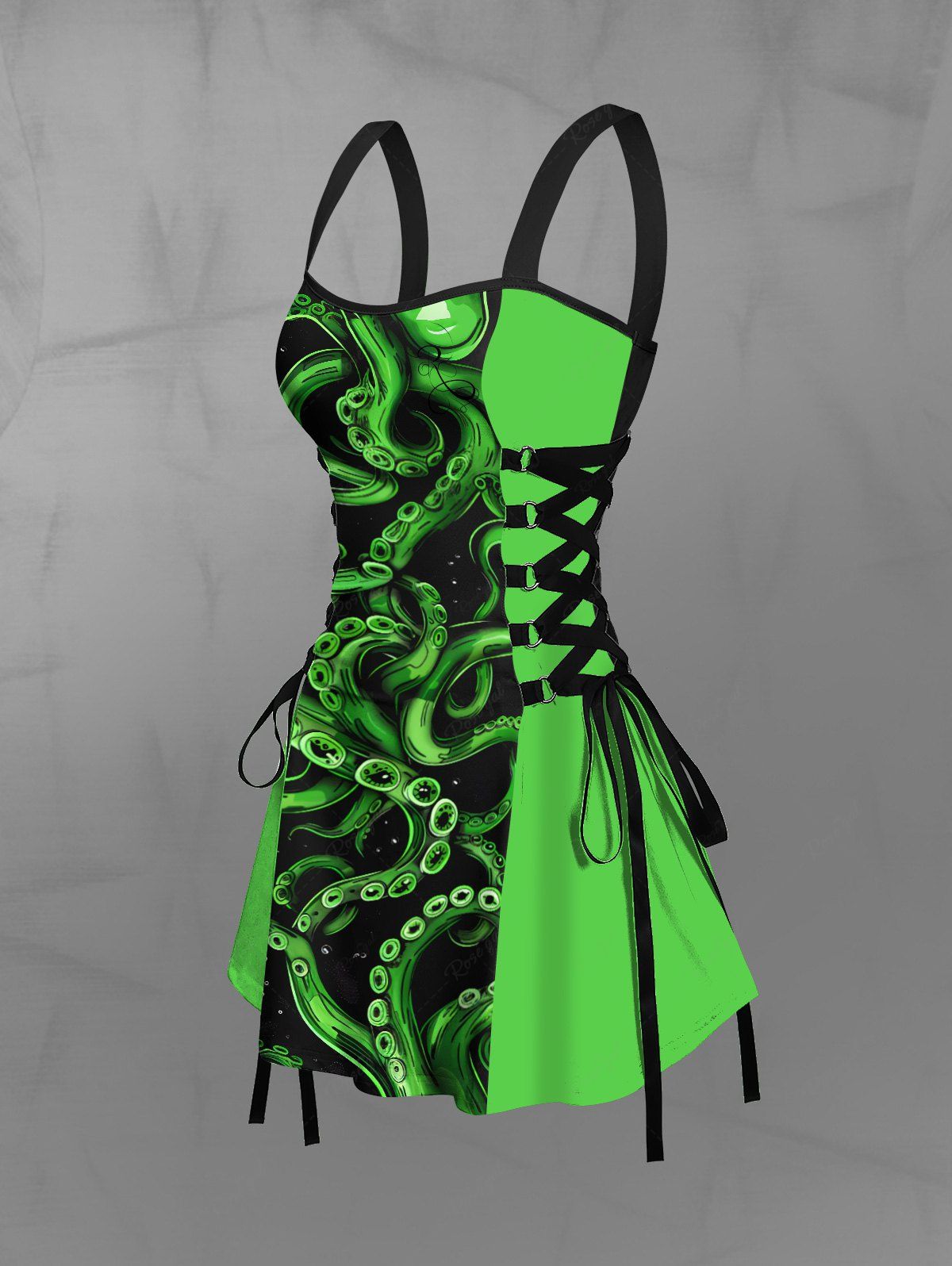 Gothic Neon Color Octopus Lace Up Print Backless A Line Tank Dress Green / XL Gothic Neon Color Octopus Lace Up Print Backless A Line Tank Dress Green / XL