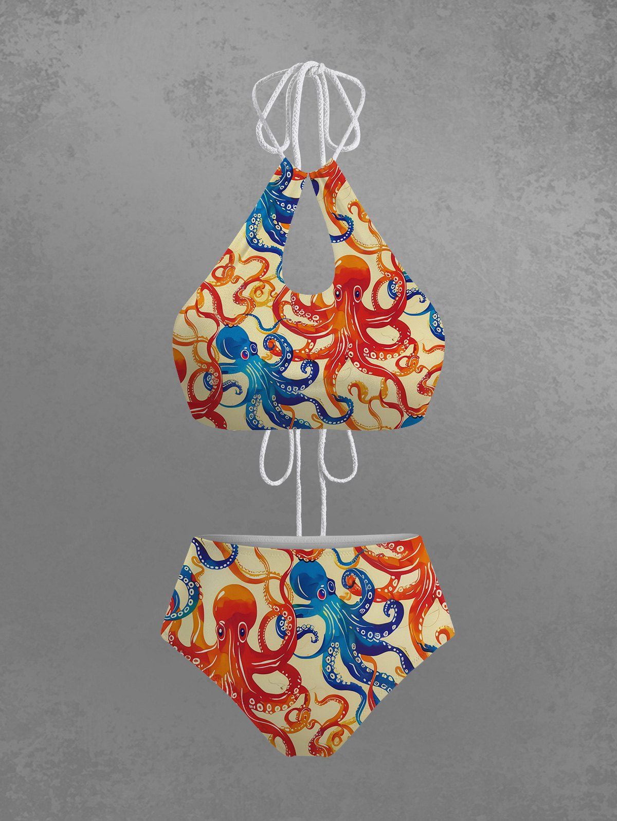 Gothic Colorful Octopus Print Hollow Out Halter Bikini Set