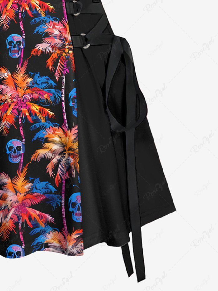 Gothic Colorful Coconut Tree Skulls Print Hawaii Lace Up A Line Tank Dress