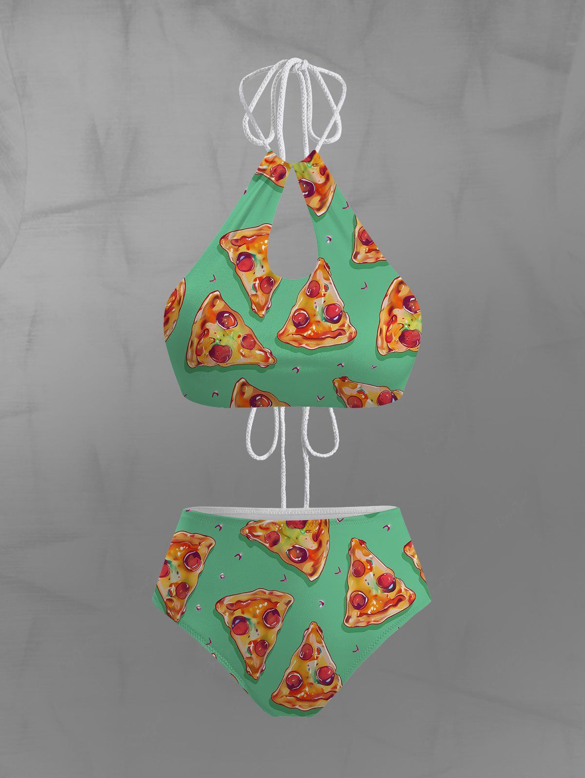 Gothic Pizza Print Hollow Out Backless Halter Bikini Set