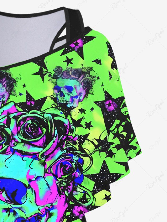 Gothic Solid Racerback Tank Top and Skull Rose Flower Stars Graffiti Print T-shirt Set