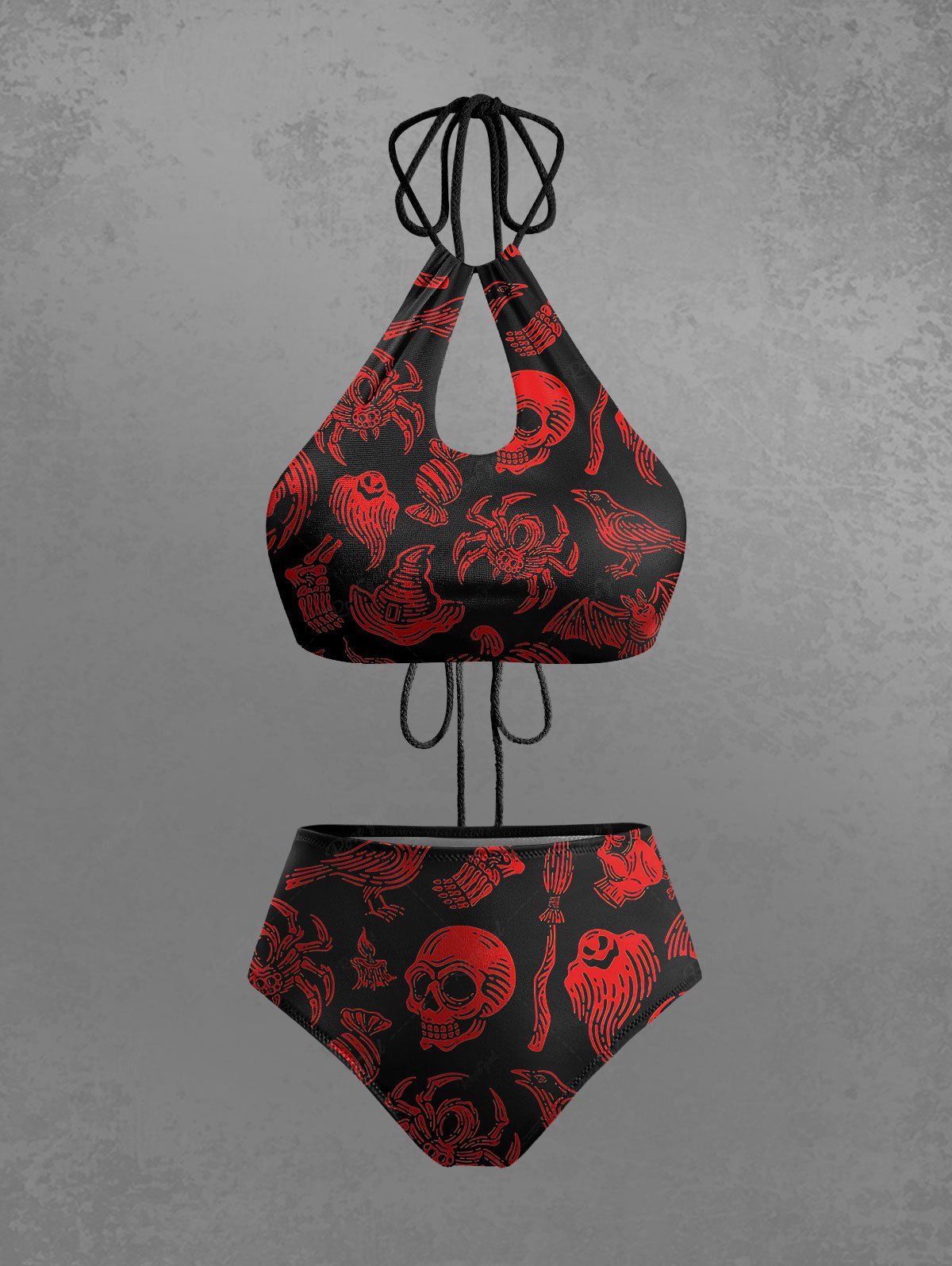 Gothic Skull Scorpion Candy Ghost Print Hollow Out Halter Backless Bikini Set