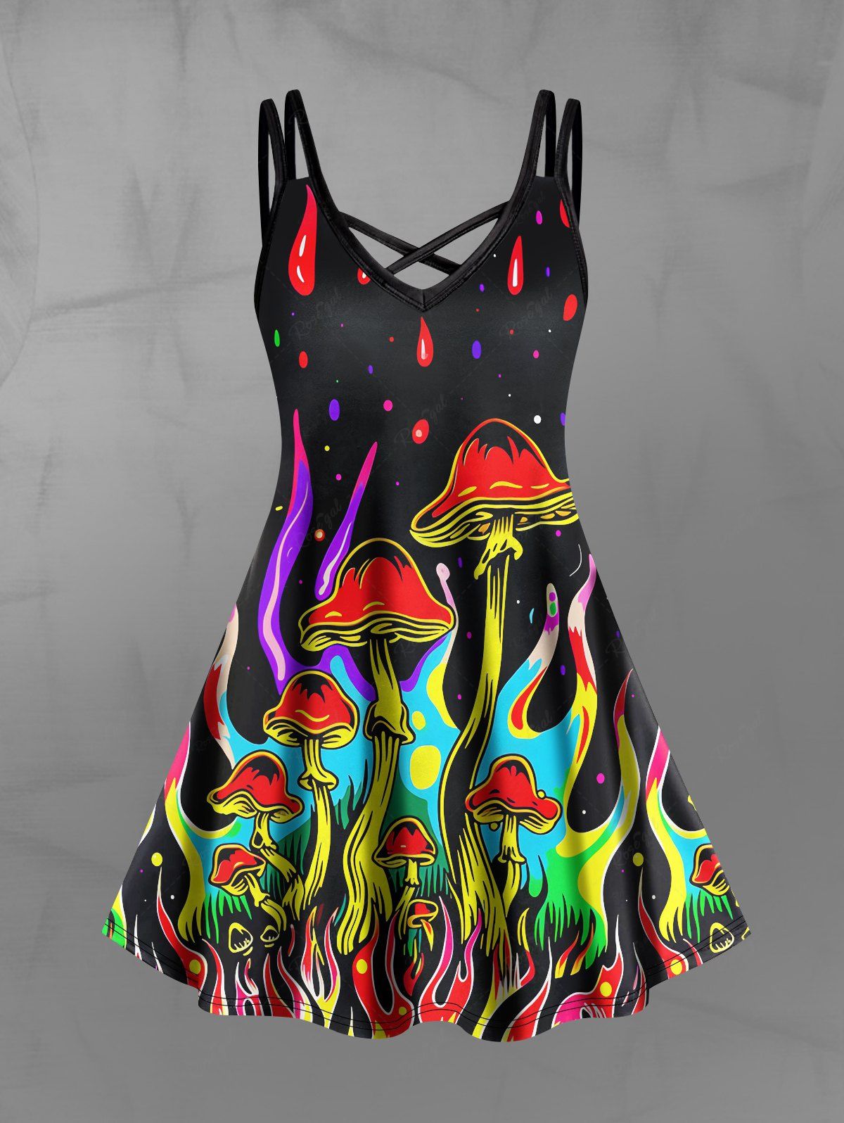 Gothic Mushroom Fire Flame Print Crisscross A Line Cami Dress