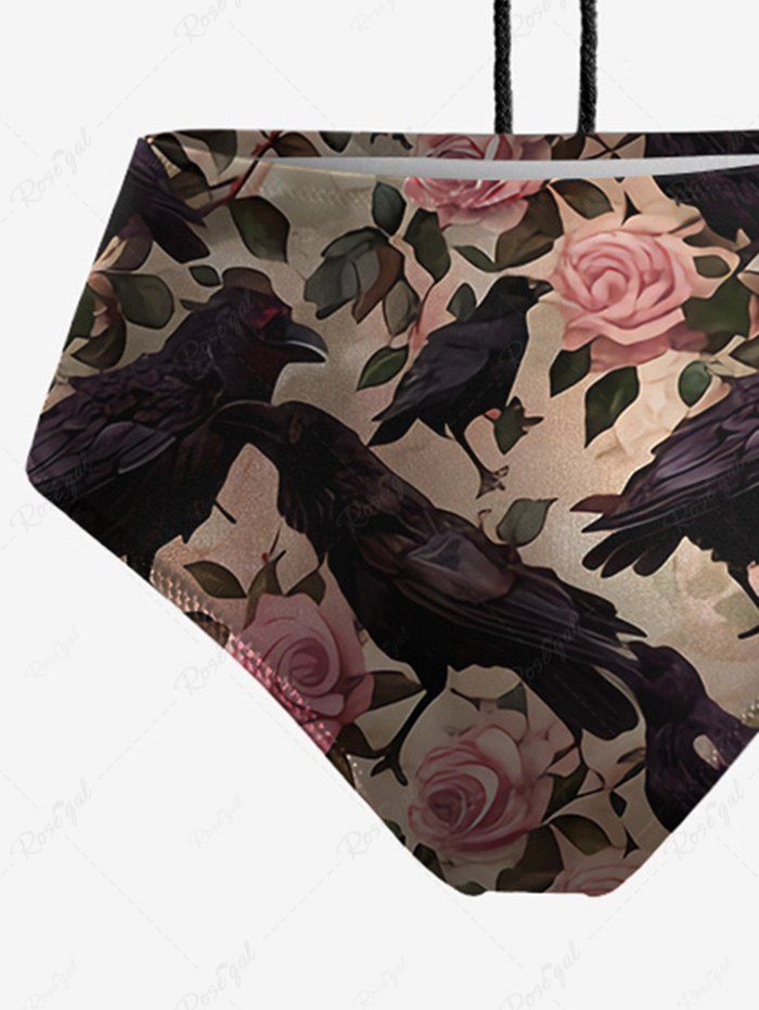 Gothic Eagle Rose Flower Leaf Print Hollow Out Halter Backless Bikini Set