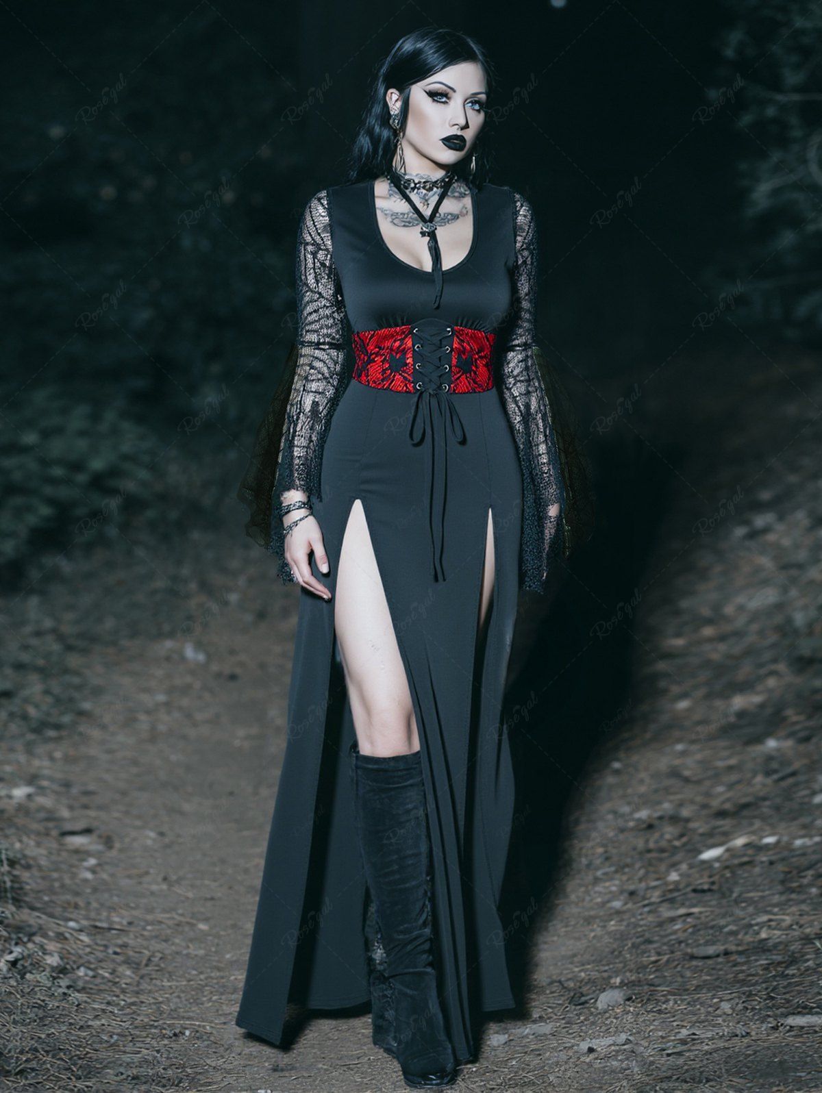 Gothic Spider Web Flare Sleeve Lace Up M-Slit Midi Dress Black / XL Gothic Spider Web Flare Sleeve Lace Up M-Slit Midi Dress Black / XL