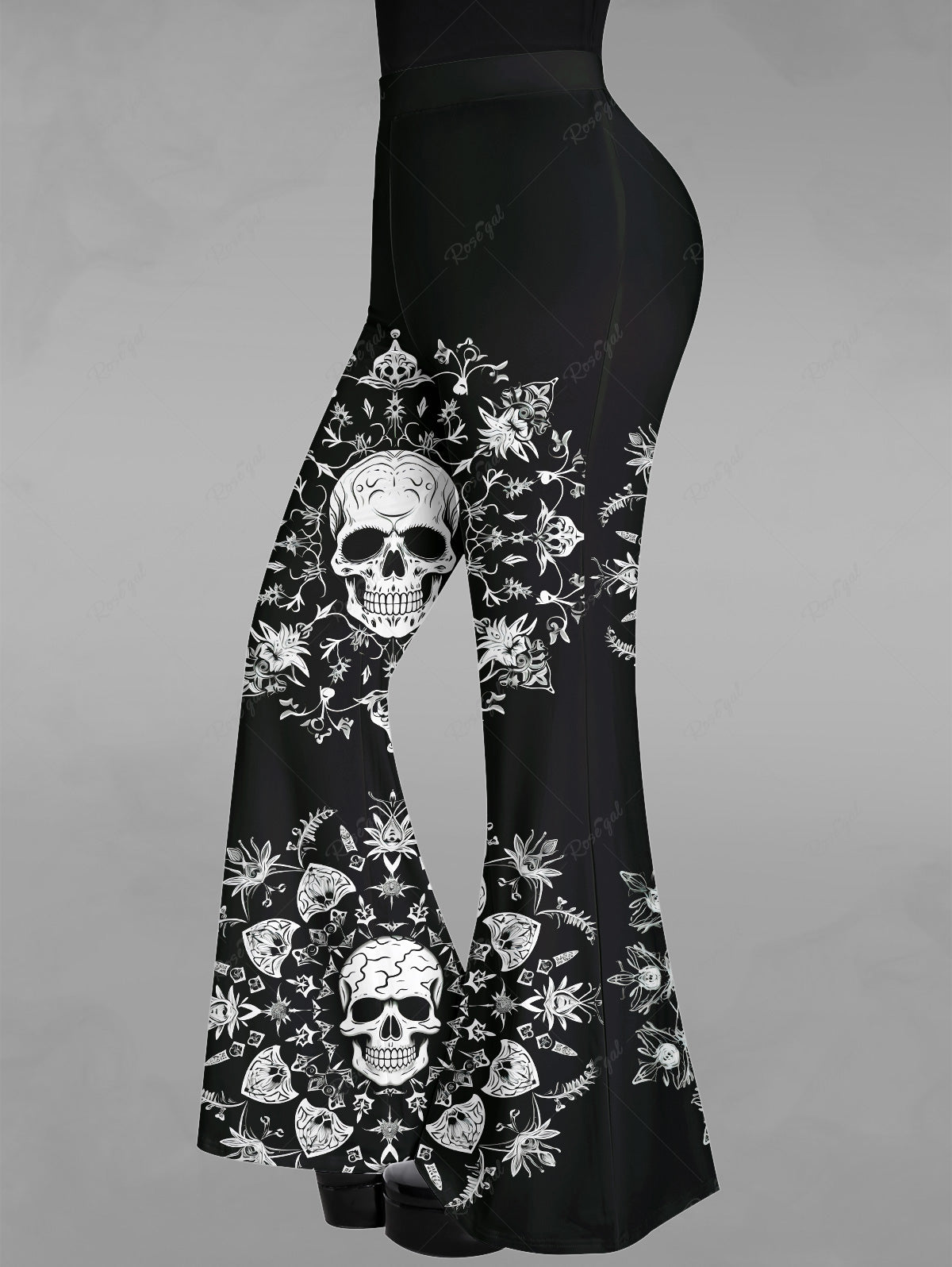 Gothic Skulls Sunflower Print Pull On Flare Pants