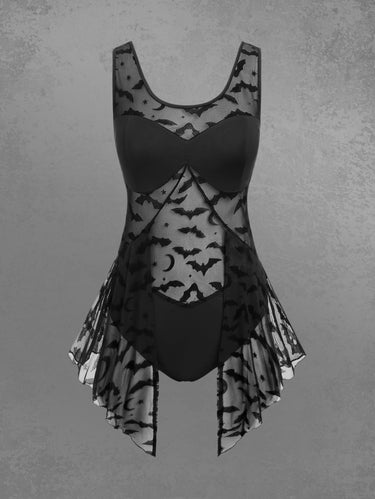 💗Lauren Loves💗Gothic Plus Size See Through Bat Jacquard Mesh Ruffle Teddy