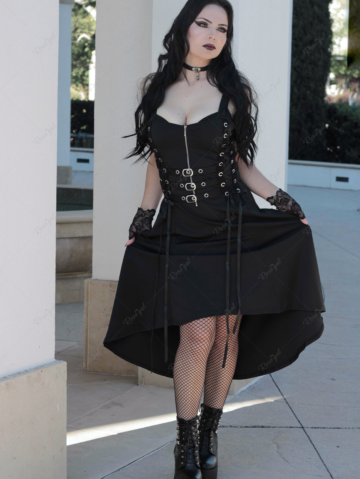 Gothic Buckled Lace Up High Low Midi Dress(US Domestic Shipping)