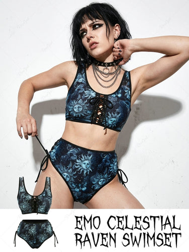 Gothic Sun Crow Butterfly Print Lace Up Tankini Swimsuit