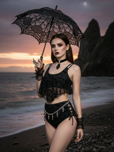 Gothic Moon Star Bat Flocking Peplum Hem Lace Up Tankini Swimsuit (Adjustable Shoulder Strap)