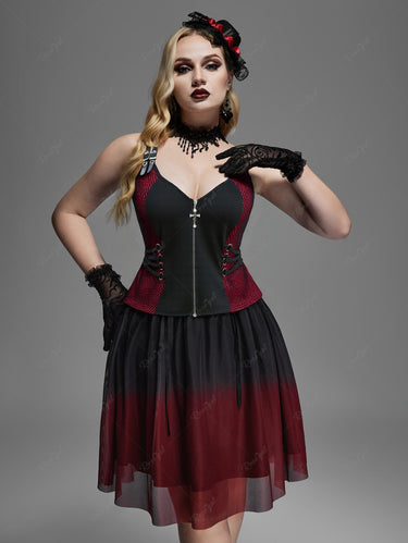 Gothic Plus Size Fishnet Panel Cross Zipper Strappy PU Strap Grommets Buckle Tank Top(3 Days Delivery)