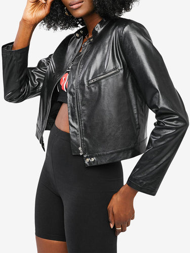 Gothic Zippered Front Snap Button Faux Leather Biker Jacket