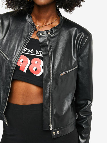 Gothic Zippered Front Snap Button Faux Leather Biker Jacket