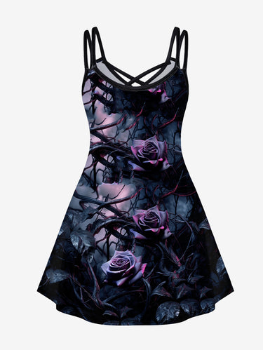 Gothic Plus Size Flower Leaves Print Crisscross Cami Dress