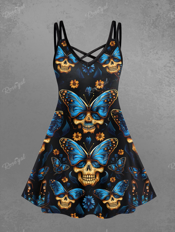 💗Tabbytragedy Loves💗 Gothic Butterfly Skull Floral Glitter Print Crisscross Cami Dress