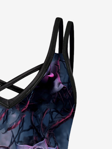 Gothic Plus Size Flower Leaves Print Crisscross Cami Dress