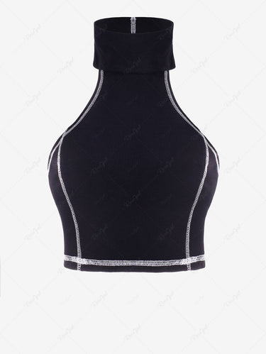 Gothic Contrast Stitching Ribbed High Neck Crop Top