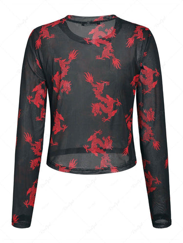 Gothic Dragon Print Chinoiserie Mesh T Shirt
