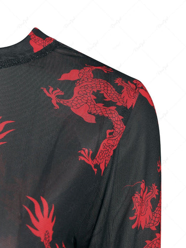 Gothic Dragon Print Chinoiserie Mesh T Shirt