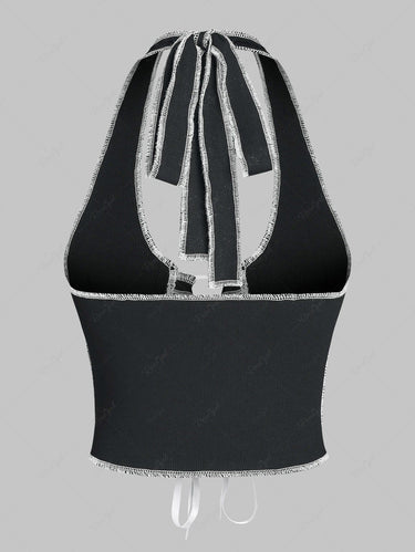 Gothic Ribbed Topstitching Lace Up Halter Tank Top