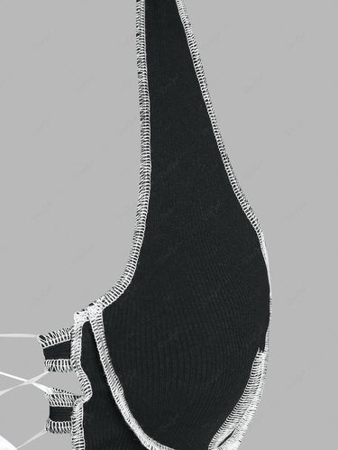 Gothic Ribbed Topstitching Lace Up Halter Tank Top