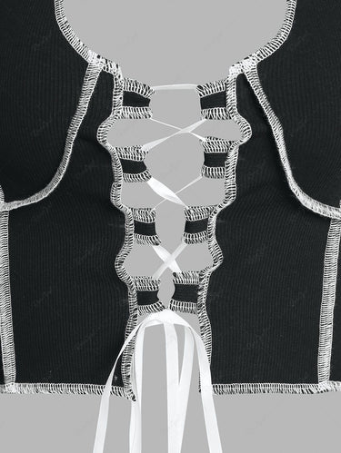 Gothic Ribbed Topstitching Lace Up Halter Tank Top