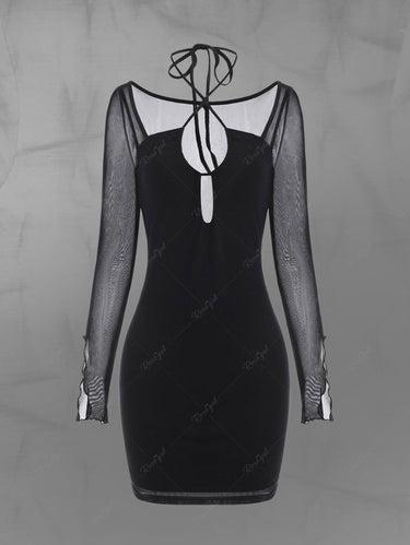 Gothic Mesh Halter Cross Long Sleeve Dress