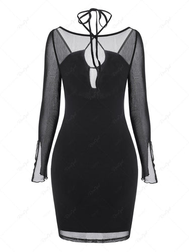 Gothic Mesh Halter Cross Long Sleeve Dress