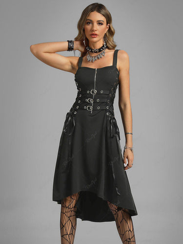 Gothic Plus Size Buckled Lace Up High Low Midi Dress