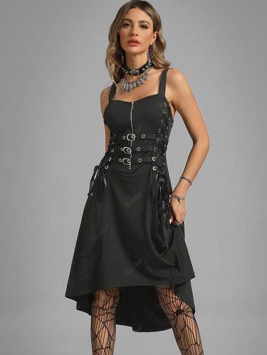 Gothic Plus Size Buckled Lace Up High Low Midi Dress