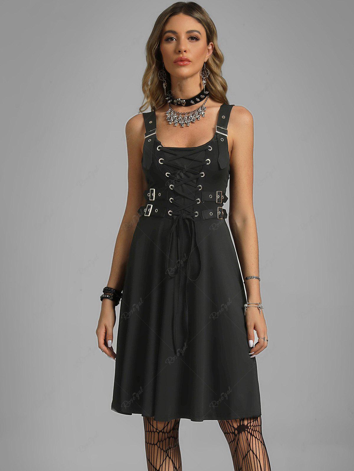 💗Erika Loves💗 Plus Size Lace Up Buckles A Line Sleeveless Gothic Dress