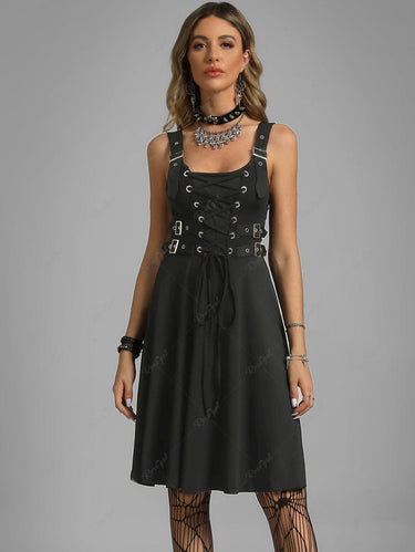 💗Erika Loves💗 Plus Size Lace Up Buckles A Line Sleeveless Halloween Gothic Dress