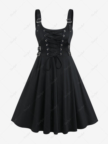 💗Erika Loves💗 Plus Size Lace Up Buckles A Line Sleeveless Halloween Gothic Dress