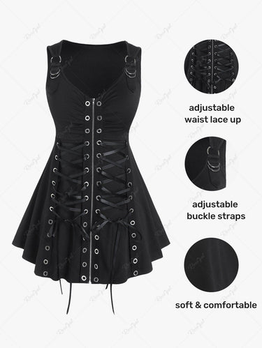 Gothic Plus Size Lace Up Grommets Full Zipper Tank Top