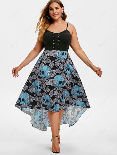 💗Lauren Loves💗Gothic Plus Size Grommet Rose Skull Print High Low Dress