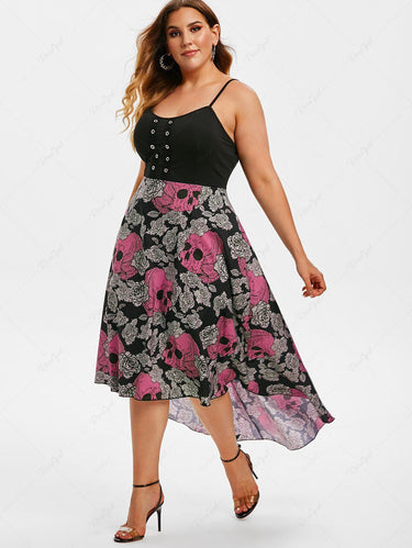 💗Lauren Loves💗Gothic Plus Size Grommet Rose Skull Print High Low Dress