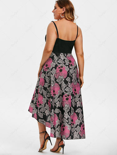 💗Lauren Loves💗Gothic Plus Size Grommet Rose Skull Print High Low Dress