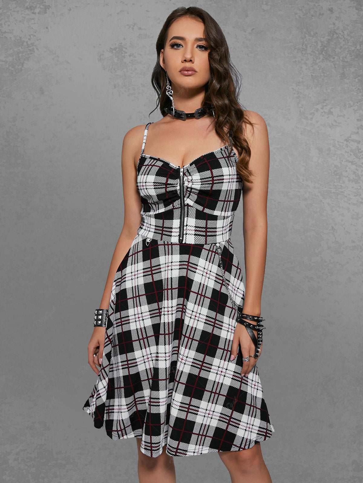 Gothic Plaid Half Zipper Backless Sleeveless Dress(US Domestic Shipping)
