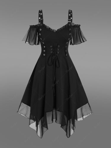 💗Dvorah Loves💗 Gothic Plus Size Grommet Lace Up Cold Shoulder Handkerchief Mini Dress