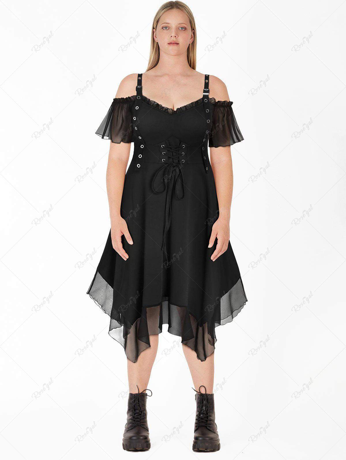 💗Dvorah Loves💗 Gothic Grommet Lace Up Cold Shoulder Handkerchief Mini Dress