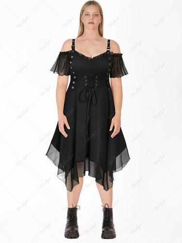 💗Dvorah Loves💗 Gothic Plus Size Grommet Lace Up Cold Shoulder Handkerchief Mini Dress